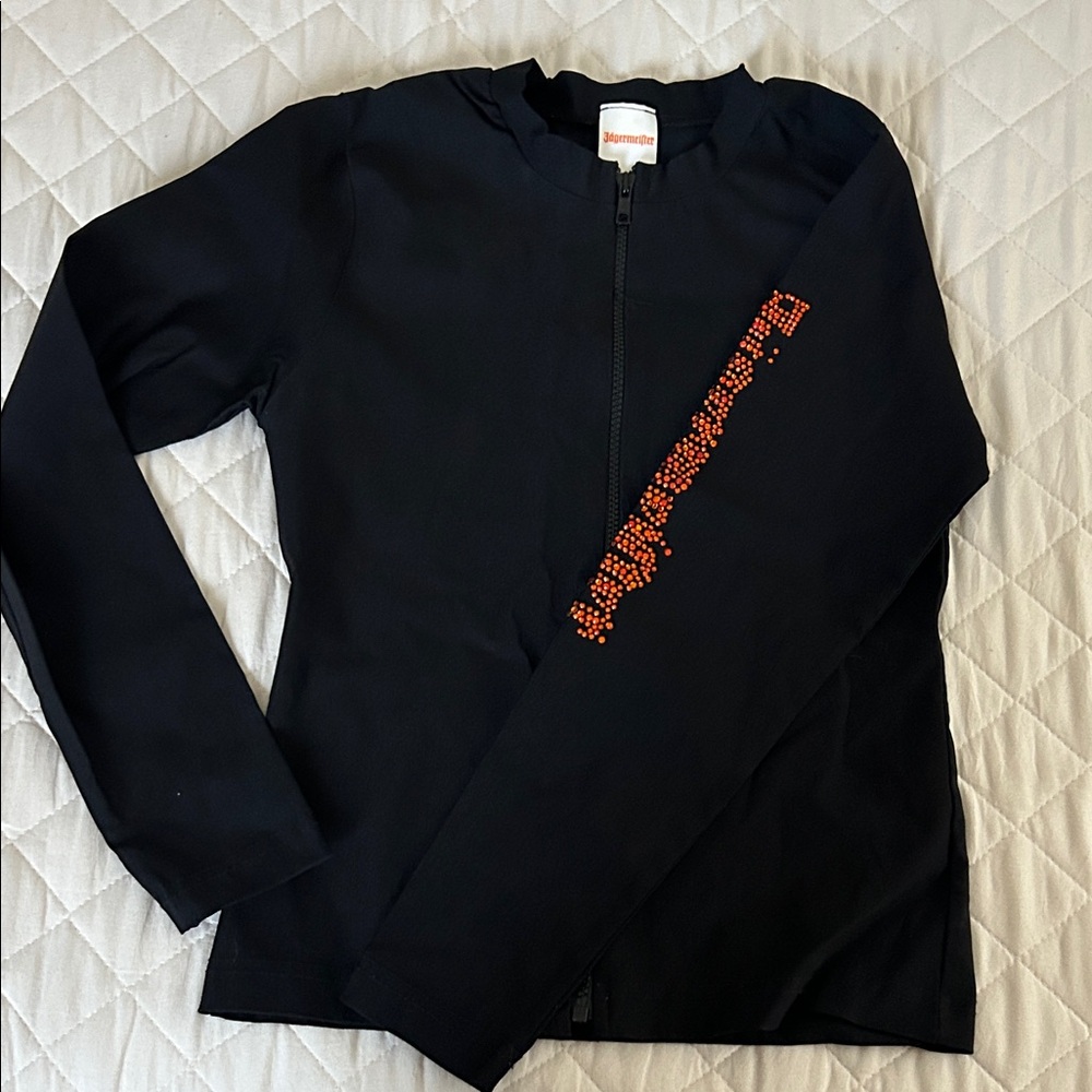 Jagermeister, sz XS, black fitted stretch zip up jacket w/rhinestone lettering